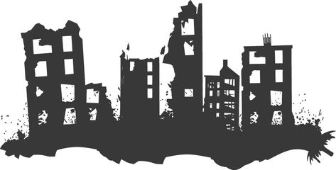 AI generated silhouette abandoned buildings black color only Abandoned City Drawing, Abandoned Building Drawing, Silhouette City, Abandoned Places Illustration, Destroyed Building Drawing, Video Games Gift, Abandoned House Graffiti, City Silhouette, Tree Saw