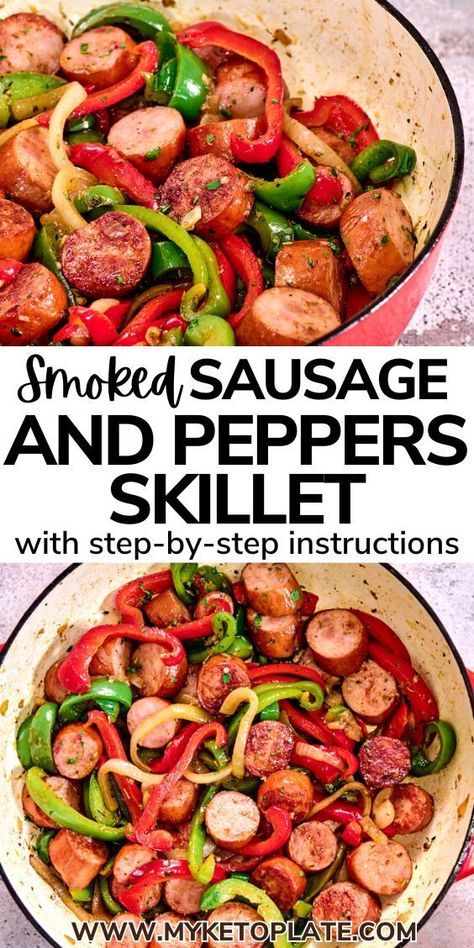 This smoked sausage and peppers skillet is a tasty and speedy meal that's ready in just 30 minutes. It's perfect for a quick and nutritious dinner option. Once you try making this dish, you'll find it's effortless—just prep the ingredients and cook them all together in one skillet. Smoked Sausage And Peppers, Sausage And Peppers Skillet, Turkey Kielbasa Recipes, Kielbasa Sausage Recipes, Sausage And Peppers Recipe, Nutritious Dinner, Smoked Sausage Recipes, Kielbasa Recipes, Cabbage And Sausage