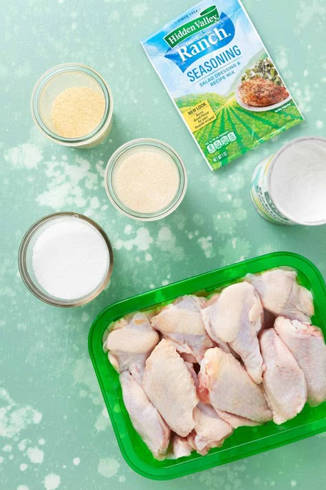 These Dry Rub Ranch Chicken Wings taste just like ranch dressing! They get nice and crispy in the oven and each bite tastes crispy, tangy, herby, and savory. It’s the perfect game day snack! Garlic Ranch Chicken Wings, Ranch Dry Rub Chicken Wings, Dry Rub Baked Chicken Wings, Ranch Chicken Wings Air Fryer, Crispy Dry Rub Chicken Wings, Wing Seasoning Dry, Baked Ranch Chicken Wings, Ranch Wings Recipe, Seasoned Chicken Wings