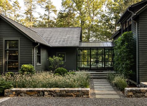 Lake House NY | Platt Dana Architects | Archinect A Frame Ranch House, Lake House Back Porch, Cabin On Slope, Lake House Garage, Lake House Floor Plan, Lake Cabin Exterior, House On Hillside, Modern Rustic Lake House, Cabin Exterior Ideas