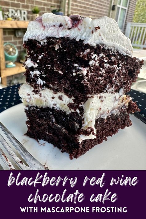 Blackberry Red Wine Chocolate Cake with Mascarpone Frosting | This amazing chocolate cake is the perfect super easy (yet seems fancy) dessert for any occasion. The flavor is unbelievable, & the fluffy mascarpone frosting lets the flavors really shine through. It's basically a twist on a black forest cake, & can be made a day ahead (keep in the fridge). Best chocolate cake recipe, birthday cake ideas. #redwine #chocolatecake #mascarpone Cake Recipe Birthday, Recipe Birthday Cake, Wine Chocolate Cake, Cake With Mascarpone Frosting, Red Wine Chocolate Cake, Amazing Chocolate Cake, Best Chocolate Cake Recipe, Cake With Mascarpone, Wine Chocolate