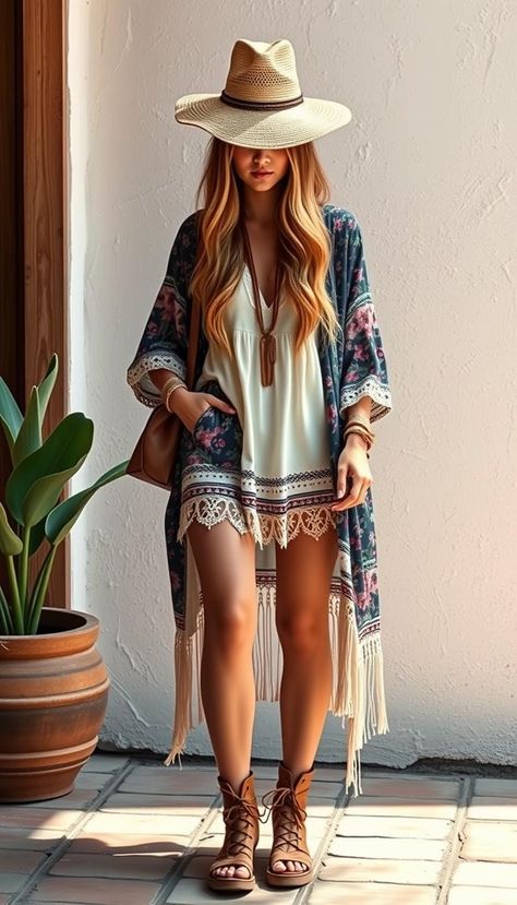 Embrace your free spirit with these boho chic outfit ideas! Mix and match flowing fabrics, earthy tones, and unique accessories for a truly bohemian look. #BohoStyle #FreeSpiritFashion Moto Boho Style, Look Boho Chic Elegante, Ibiza Style Outfit, Boho Party Outfit, Earthy Boho Outfits, Boho Chic Outfits Summer, Bohemian Outfits Summer, Look Boho Chic, Chic Outfit Ideas