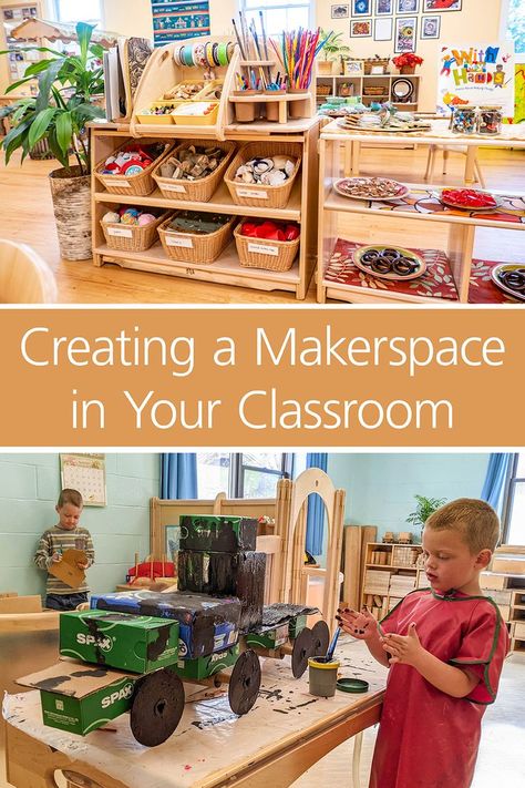 Incorporating a makerspace into your learning environment does not necessarily mean you need a large budget. Two educators explain the why and how. Reggio Emilia Preschool, Early Learning Environments, Preschool Designs, Preschool Classroom Decor, Playbased Learning, Early Childhood Classrooms, Reggio Inspired, Preschool Songs, Classroom Environment