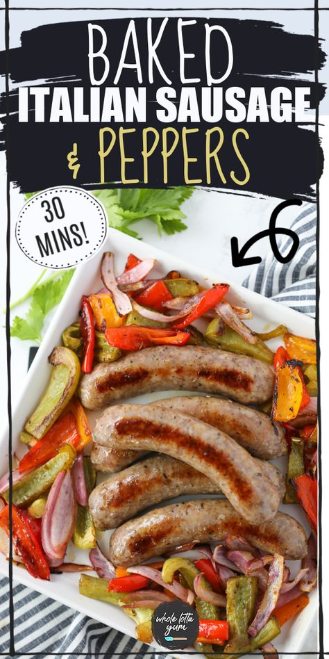 Easy baked Italian sausage and peppers on a sheet pan makes for a quick healthy dinner that's also keto, low carb, gluten free, and whole30. Baked Italian Sausage And Peppers, Italian Sausage In Oven, Bake Sausage In Oven, Sweet Italian Sausage Recipes, Baked Italian Sausage, Sausage Peppers And Onions, Sausage Bake, Italian Sausage Recipes, Sheet Pan Dinners Recipes