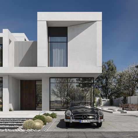 EXTERIOR VILLA on Behance Side Facade Design, Modern Exterior House Designs Small, Small Villa Exterior Design, Small Villa Exterior, White Villa Exterior, Minimalist Villa Exterior, Ultra Modern Homes Exterior, Villa Modern Exterior, Modern Villa Design Exterior