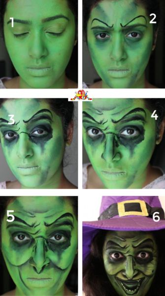 Purple Witch Face Paint, Old Witch Makeup Halloween, Painted Witch Face, Green Witch Halloween Makeup, Witch Face Painting Ideas, Scary Witch Makeup Ideas, Witch Nose Diy, Witch Facepainting, Goblin Face Paint