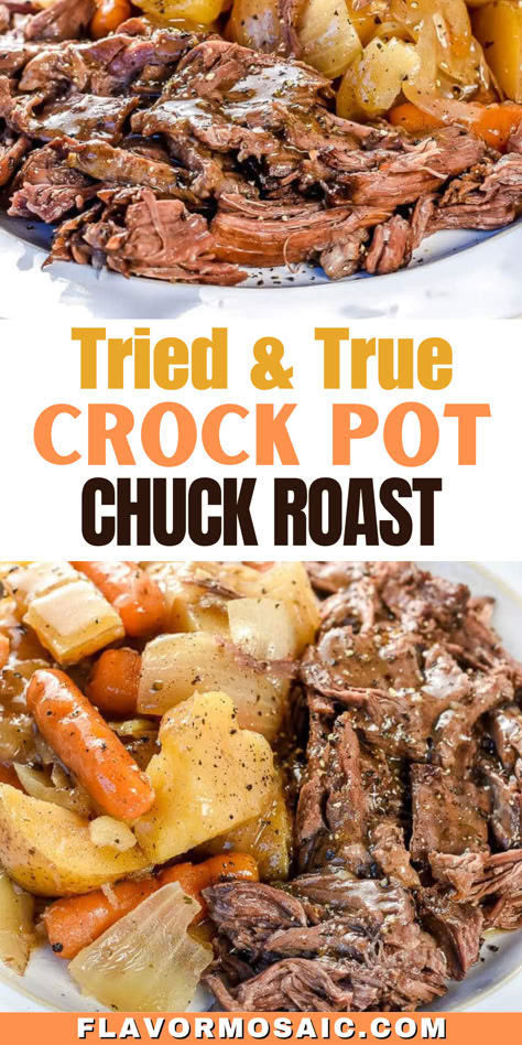 The whole family will love this Tried & True Crock Pot Chuck Roast Recipe. The entire dinner cooks together in the slow cooker so you can simply load all the ingredients into your Crock Pot in the morning and have a hot meal ready for you at the end of the day, with only one thing to wash up! With roasted potatoes, carrots, and onions, is so juicy, tender, and flavorful, no one would ever believe how easy it is to make dinner in the slow cooker! Roasted Potatoes Carrots And Onions, Roast With Onion Soup Mix, Roasted Potatoes Carrots, Beef Roast Recipe, Chuck Roast Crock Pot Recipes, Crock Pot Chuck Roast, Roast Beef Crock Pot Recipes, Crockpot Pot Roast, Crockpot Roast Recipes