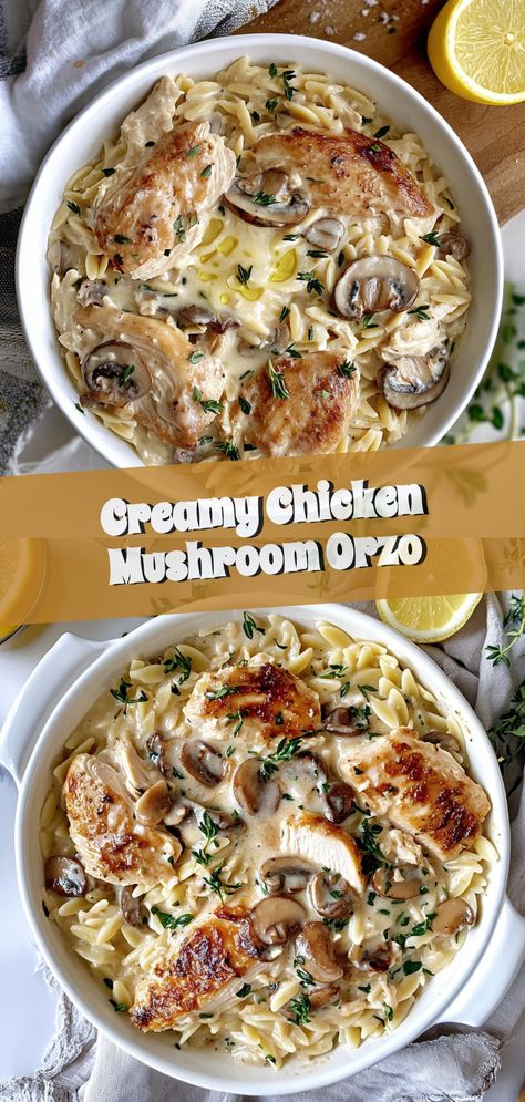 Indulge in the ultimate comfort dish with our Creamy Chicken Mushroom Orzo! 🍲 Tender chicken and savory mushrooms meld in a luxurious, creamy sauce that's perfect for cozy nights. Paired with orzo pasta and fresh spinach for a nutritious twist, this one-pan wonder is a must-try for all pasta lovers. Quick to prepare with a sensationally rich flavor, it'll have everyone at the table asking for seconds! 🌿 Create it once, crave it forever. #comfortfood #easyrecipes #pastalovers #creamyrecipes #fallcooking Orzo And Meatball Recipe, Crock Pot Orzo Recipes, Mushroom Orzo Recipes, Chicken Mushroom Orzo, Dinner Ideas Healthy Easy, Mushroom Orzo, Classy Dinner Outfits, Creamy Chicken Mushroom, Date Night Meals