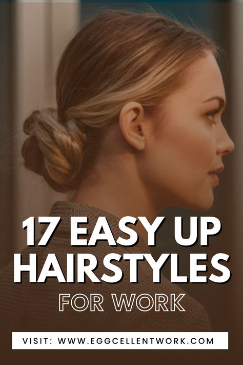 Rushing out the door with messy hair again? It’s a daily battle for many – the tug-of-war between looking polished and getting those extra minutes of sleep.  But what if you could have both? Imagine mastering up hairstyles for work that take less than 5 minutes. No more sacrificing your professional image or your precious snooze time. These 15 easy updos are your ticket to starting each day confident and put-together, without the stress. Easy Neat Hairstyles, Quick Updo For Work, Hairstyles For Factory Work, Medium Hair Work Hairstyles, Quick Work Updos, Easy Non Damaging Hairstyles, Half Up Half Down Hair Work, Polished Hairstyles Classy, Easy Work Hairstyles For Fine Hair