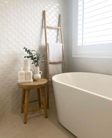 TileCloud on Instagram: “@my.sunnyspot.home has created the most beautiful spot to have a relaxing bath. Using our Coral Bay Gloss White Fish Scale Tile with white…” White Tails Bathroom, White Scale Tile, White Fishscale Tile Bathroom, Fish Tiles Bathroom, Bathroom Tile Coastal, White Scallop Tile Bathroom, Scallop Tiles Kitchen, White Fish Scale Tile Bathroom, Fan Tile Bathroom