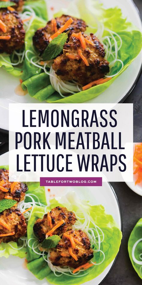 These lemongrass pork meatballs served in crisp lettuce cups will be a delicious addition to your dinner menu or even served as an appetizer! #lettucewraps #lemongrass #porkmeatballs #meatballs #vietnamesefood Lemon Grass Meatballs, Meatball Lettuce Wraps, Pork Meatball, Lemongrass Pork, Pork Slow Cooker, Calories In Vegetables, Pork Wraps, Recipes Using Ground Beef, Vietnamese Pork