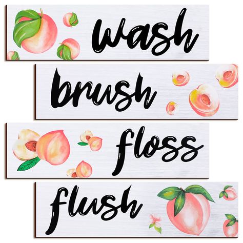 PRICES MAY VARY. What you receive: package will contain a set of 4 pieces floss flush wash brush signs with the peach theme for bathroom decor, each plaque is printed with a different word, and measures approx. 11.8 x 3.5 x 0.2 inch, proper in size and complete in style, can add charms to your bathroom and wall, place you in an artistic place Reusable and long lasting: these peach wall decors are obtained from wood material with clear printing, safe and reliable while not easy to fade, also hard Signs For Laundry Room, Rustic Bathroom Signs, Peach Bathroom, Peach Decor, Bathroom Rustic, Bathroom Wall Decor Art, Peach Walls, Decor For Bathroom, Wooden Wall Signs