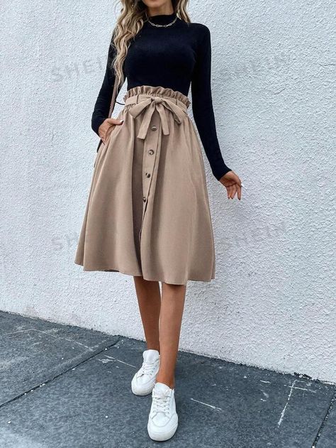 Cute Modest Outfits, Casual Skirt Outfits, Rock Outfit, Midi Flare Skirt, Brown Skirt, Modest Skirts, Modest Clothing, Skirt Belt, Modest Fashion Outfits