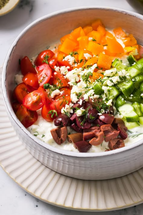 This Greek Cottage Cheese Bowl is an easy high-protein breakfast or lunch that is fresh and flavorful and doesn’t require any cooking. #cottagecheese #healthyrecipes #lunch #breakfast #highprotein #weightwatcherrecipes Greek Cottage Cheese, Greek Cottage, Cottage Cheese Bowl, Lasagna With Cottage Cheese, Cottage Cheese Breakfast Bowl, Cheese Bowl, Cottage Cheese Breakfast, Protein Lunch, Cottage Cheese Recipes