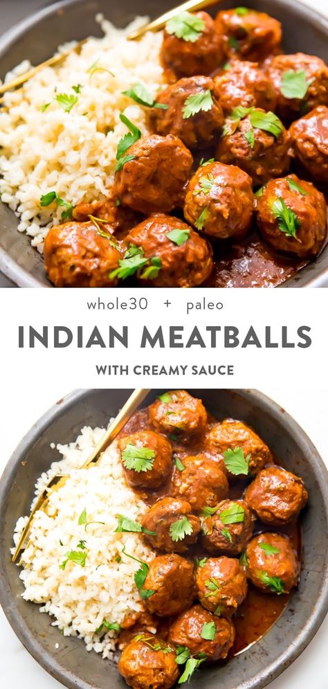 Indian meatballs with a creamy sauce paleo and Whole30 Indian Meatballs, Food Crockpot, Quick Gluten Free Meals, Real Food Dinner, Indian Dinner Recipes, Paleo Snack, Vegetable Appetizers, Asian Meals, Recipes Fish