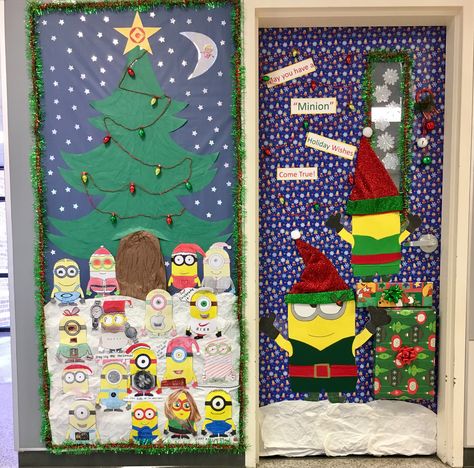 Holiday Minions Door for high school's decorating contest. Used students' minion art work in design. Disney Christmas Door Decorations Classroom, Disney Holiday Classroom Door, Christmas Door Decorations Classroom, Minion Door Decorations Classroom Christmas, Minion Christmas Door Decorations, Minion Christmas Door, Minion Door Decorations, Student Decorated Christmas Door, Minion Classroom Door