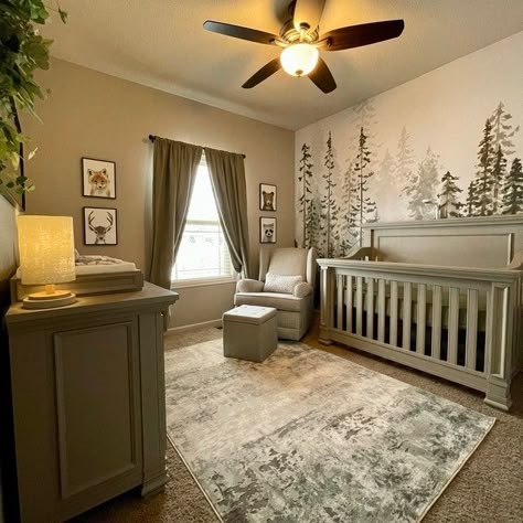 Nursery Ideas With Carpet, Brown Nursery Ideas, Gray Gender Neutral Nursery, Gender Nursery, Brown Nursery, House Basement, Grey Crib, Basement House, Brown Carpet