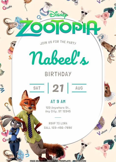 Get FREE EDITABLE - 16 Zootopia Canva Birthday Invitation Templates Take a trip to Zootopia and feast your eyes on our adorable collection of Zootopia-inspired products. Adorable animals like rabbits, foxes, and sloths are sure to catch your eye across a variety of pr... Zootopia Birthday Party, Party At The Park, Free Printable Birthday Invitations, Party Goodies, Birthday Template, Printable Birthday Invitations, Invitation Card Design, Zootopia, For Your Party