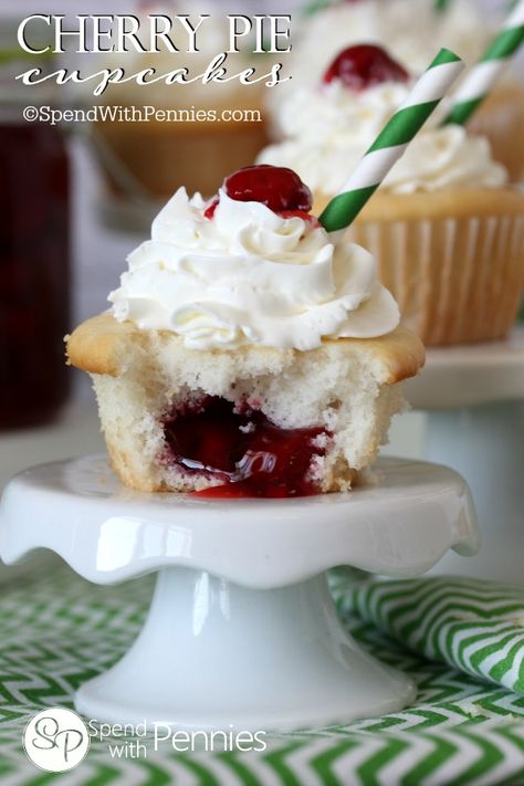 Cherry Pie Cupcakes are ridiculously delicious, soft and fluffy with a cherry pie surprise inside... these can be served warm out of the oven with a scoop of ice cream for a dessert your family is definitely not going to want to miss! Cherry Pie Cupcakes, Delicious Cupcakes Recipes, Cake Mix Ingredients, Favorite Pie Recipes, Pie Cupcakes, Cake Mug, Spend With Pennies, Cherry Recipes, Easy Cupcakes