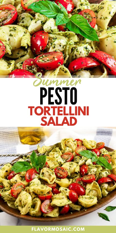 This summer pesto tortellini salad makes a delicious potluck recipe or summer side dish! This quick and easy side features tender tortellini, fresh basil pesto, juicy grape tomatoes, and creamy mozzarella pearls, this salad is a must-try for any pasta lover. Pasta salad is a classic side dish and this recipe has a unique tangy twist! Click through to the blog for all the details. Tortellini Pesto, Pesto Tortellini Salad, Garden Gathering, Completely Delicious, Pesto Salad, Pesto Tortellini, Pesto Dressing, Pasta Salad With Tortellini, Tortellini Pasta