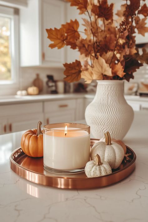 Small kitchen Halloween decor ideas Cabinet Halloween Decor, Fall Kitchen Decor Ideas, Table Tray Decor, Minimalist Holiday Decor, Fall Tray, Fall Home Decor Ideas, Halloween Kitchen Decor, Cozy Halloween, Fall Kitchen Decor