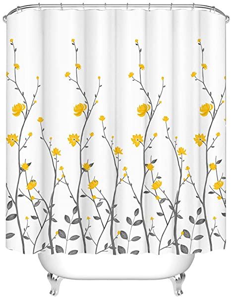 White Shower Curtain Bathroom, White Pattern Fabric, Flowers Bathroom, Solid Color Shower Curtain, Yellow Shower Curtains, Shower Rooms, Waffle Weave Shower Curtain, Curtains Bathroom, Curtain White