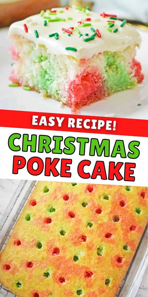 Christmas Poke Cake, Jello Poke Cake Recipe, Jello Poke Cake, Poke Cake Jello, Christmas Jello, Poke Cake Recipe, Creamy Frosting, Jello Cake, Christmas Rainbow