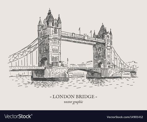 London Art Drawing, London Sketch, Bridge Drawing, London Drawing, London Tower Bridge, London Illustration, London Tower, London Buildings, Perspective Drawing Lessons