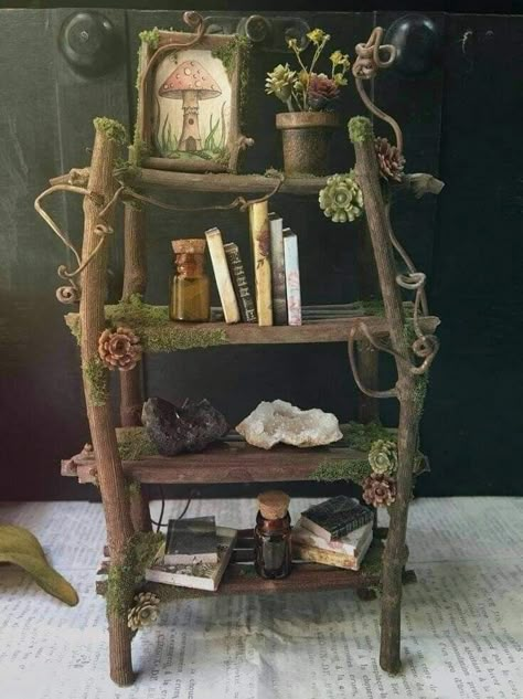 Fairy Garden Furniture, Ooak Fairy, Fairy Garden Crafts, Fairy Furniture, Fairy Garden Houses, Wooden Books, Diy Fairy, Witchy Decor, Fairy Garden Diy