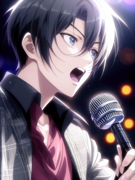 A Beautiful anime boy with mic 🎤 sing with me Anime Singer Pose Reference, Anime Singing Pose, Anime Guy Sitting, Anime Singer, Singing Drawing Reference, Singing Pose Reference Drawing, Singing Pose, Musician Anime Guy, Singing With Microphone Pose