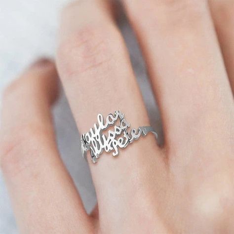 Our beautiful Personalized 3-Row Name Ring is the perfect complement to any outfit. Personalized rings make a beautiful, versatile addition to any jewelry collection!  Choose names , a short quote, or a few meaningful words to make it your own or to create the perfect gift for someone special.   And it can perfectly meet your needs in various festivals, such as birthday, anniversary, Mother's Day, or Christmas. Name Rings Silver, Double Names, Name Ring, Name Rings, Party Rings, Engraved Rings, Ring Collections, Gold Plated Silver, Silver Roses