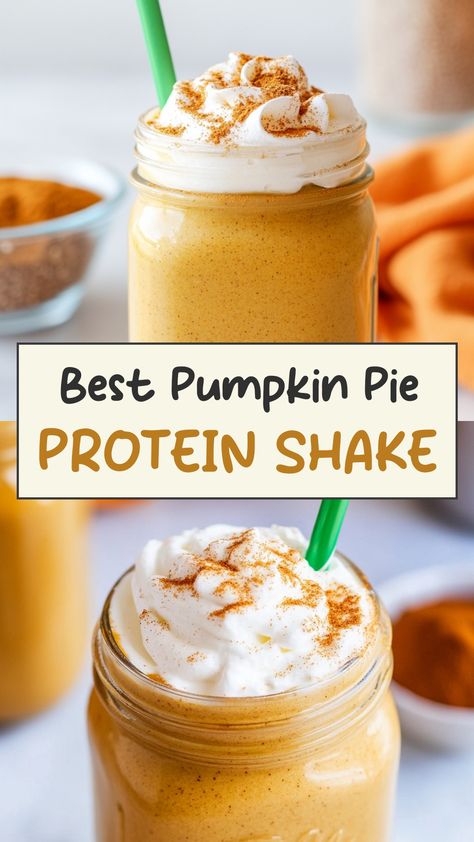 Indulge in the delicious flavors of fall with this satisfying pumpkin pie protein shake recipe. Packed with protein and all the warm spices you love, this creamy shake makes for a perfect post-workout snack or a nutritious breakfast on-the-go. Start your day off right and satisfy your pumpkin cravings with a sip of this delightful treat. Easy to make and oh-so-tasty, this shake is guaranteed to become your new autumn favorite! Premier Protein Pumpkin Shake, Premier Pumpkin Protein Shake Recipes, Premier Protein Pumpkin Spice Recipes, Pumpkin Protein Recipes, Protein Pumpkin Recipes, Pumpkin Shake Recipe, Breakfast Protein Shake Recipes, Pumpkin Spice Protein Shake, Pumpkin Protein Smoothie