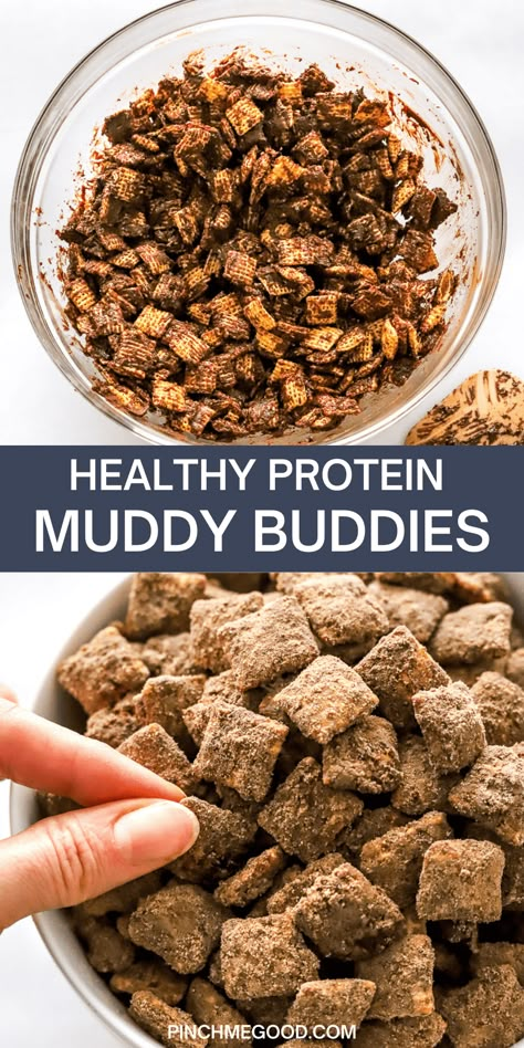 This healthy protein puppy chow recipe is made with 6 ingredients and comes together in less than 10 minutes. It is so easy to make and much healthier then classic "muddy buddies" since we replaced the sugar with protein powder and use coconut oil in place of the butter. It makes the best healthy light snack that is also gluten free and vegan. Great for kids! High Protein Kids Meals, Easy Healthy Kids Snacks, Non Perishable Snacks, Kids Protein Snacks, Kid Friendly Healthy Snacks, Healthy Snack Ideas For Work, Protein Puppy Chow, Pb Recipes, Puppy Chow Recipe