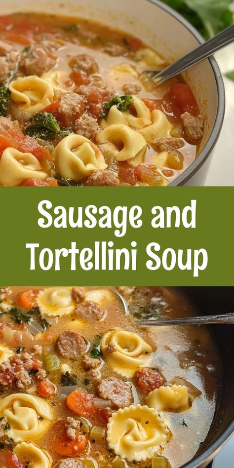 Warm up your evenings with a hearty Sausage and Tortellini Soup! This comforting dish combines savory sausage, tender tortellini, and vibrant vegetables to create a delightful meal that's perfect for family dinners or impressing guests. In just under an hour, you can savor a bowl of rich flavors and nourishing ingredients that will warm both body and soul. Whether you choose sweet or spicy sausage, and add your favorite greens, this customizable recipe is sure to become a staple in your home. Garnish with freshly grated Parmesan for the perfect finishing touch! 🍲🧀 #SoupSeason #ComfortFood #Tortellini Tortellini Sausage Spinach Recipes, Jimmy Dean Sausage Crockpot Recipes, Soups For Large Groups, Crock Pot Sausage Tortellini Soup, Sausage Totaling Soup, Sausage Soups And Stews, Recipes With Jimmy Dean Sausage, Sausage And Tortellini Recipes, Tortellini Soup Sausage