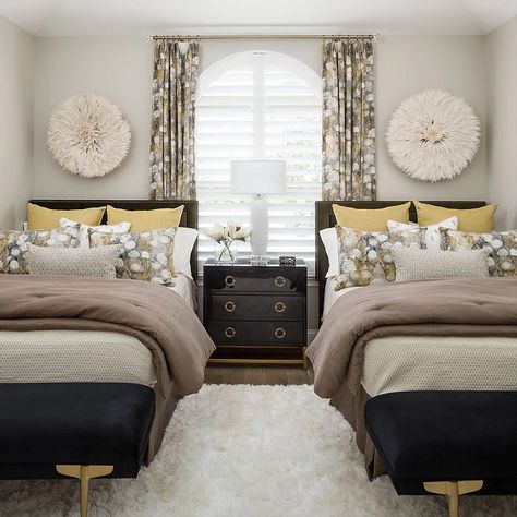 The must-haves in this guest bedroom were: * Comfort - we used full size beds over twins. * A space for opening luggage - the benches at the foot of the bed * A bit of storage - the small dresser in between the beds provide storage * Thoughtful design - we created a beautiful, custom space using great bedding, a restful color palette, a soft rug underfoot #headboard #draperypanel #upholestry #guestbedroom #bedroom #interiordesign #jujuhat #shutters Twin Beds Guest Room, Small Guest Bedroom, Houston Interior Designers, Calming Bedroom, Guest Bedroom Decor, Twin Beds, Guest Room Decor, Twin Bedroom, St Helena