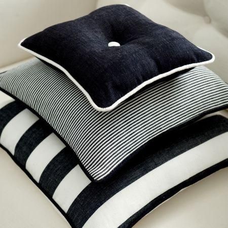 Clarke and Clarke -  Riviera Fabric Collection - Black and white striped cushions on white upholstery Black And White Cushions, Clarke And Clarke Fabric, White Upholstery, Upholstery Cushions, Striped Cushions, Black Cushions, Black And White Decor, Black And White Fabric, Pillow Styling