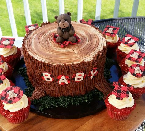 Lumberjack baby shower cake and cupcakes Lumberjack Baby Shower Cake, Office Baby Showers, Lumberjack Theme, Plaid Baby Shower, Lumberjack Birthday Party, Lumberjack Baby Shower, Lumberjack Baby, Lumber Jack, Lumberjack Birthday