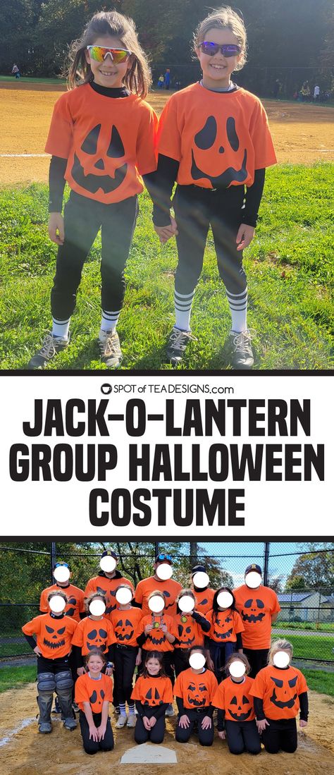 Jack-O-Lantern Group Halloween Costume - Spot of Tea Designs Softball Costumes For Tournament, Baseball Team Halloween Costume Ideas, Team Halloween Costumes Softball, Halloween Softball Tournament Costumes, Softball Halloween Costumes, Softball Team Halloween Costume Ideas, Team Halloween Costumes, Halloween Softball, Jack O Lantern Costume