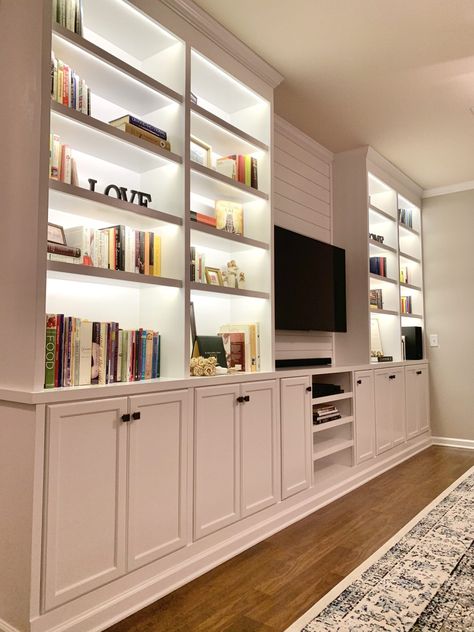 DIY Built-In Shelves: Professional Quality for a Fraction of the Price - Dream It. Build It. Love It. Entertainment Center Ideas Bookshelves, Tv Bookshelves, Tv Wall Built In Ideas, Navy Room, Diy Built In Shelves, Under Shelf Lighting, Bookcase Cabinet, Built In Shelves Living Room, Bookcase Lighting