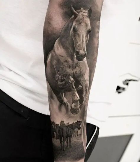 15 Spectacular Horse Tattoos and Their Symbolic Meanings - The Paws Wild Mustang Tattoo, Horse Tattoo Sleeve, Small Horse Tattoo, Animal Tatoos, Horse Tattoos, Horse Tattoo Design, Cowgirl Tattoos, Cowboy Tattoos, Native American Horses