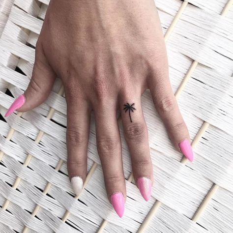 Tree Tattoo Finger, Permanent Ring, Hand Palm Tattoos, Tree Tattoo Meaning, Tattoo Tree, Small Palm Trees, Finger Tats, Palm Tattoos, Tree Tattoo Designs