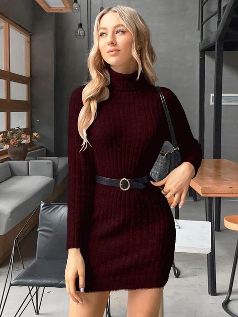 High Neck Sweater Outfit, Birthday Moodboard, Sweater With Belt, Fall Sweater Dress, Cute Christmas Outfits, Knitted Jumper Dress, Dress Maroon, Bodycon Sweater Dress, Cable Knit Sweater Dress