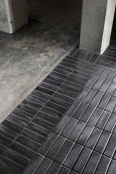 Commercial Flooring Ideas, Flooring Transition Ideas, Black Bathroom Floor Tiles, Floor Transition Ideas, Floor Transitions, Tile Transition, Couple Projects, Cement Flooring, Floor Transition