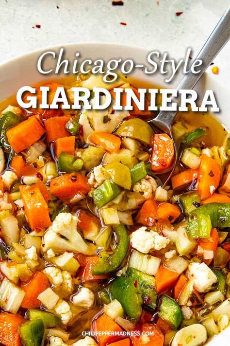 Giardinara Recipe, Gardenaire Recipes, Italian Hot Peppers In Oil Recipes, Chicago Style Giardiniera Recipe, Giardiniera Recipe, Pickled Things, Italian Beef Recipes, Pickled Vegetables Recipe, Chili Pepper Recipes