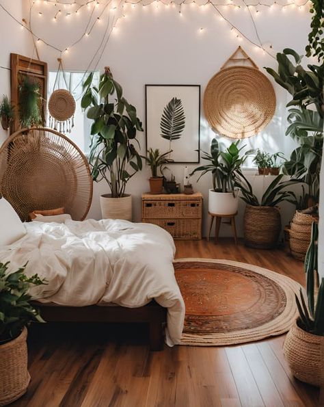 7 Gorgeous Bohemian Bedroom Ideas You Have to Copy Wicker Bedroom Decor, Bedroom Ideas Plants Boho, Spanish Boho Bedroom, Boho Bedroom With Plants, Boho Cozy Bedroom, Artist Bedroom Aesthetic, Boho Maximalism, Bohemian Bedroom Ideas, Boho Chic Bedroom Decor