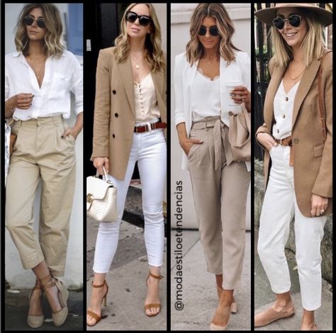 Looks com calça Bege e blusa Branca ou  looks com calça Branca e Blazer na cor Camel ( cor do Camelo ) , com blusa branca / bege por baixo do Blazer. Beige Blazer Outfit Summer, Cream Blazer And Jeans Outfit, Cream And Khaki Outfits, Cream And Gold Outfit, Look Blazer Beige, Outfit Con Blazer Beige, Creme Blazer Outfit, Cream And White Outfit, Cream Blazer Outfits For Women