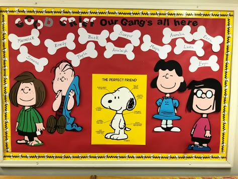 Snoopy bboard 2018 Snoopy Themed Classroom, Peanuts Classroom Theme, Snoopy Classroom Theme, Snoopy Bulletin Board Ideas, Peanuts Gang Classroom, Brown Classroom, Charlie Brown Classroom, Peanuts Classroom, Snoopy School