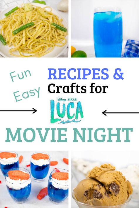 The Only Disney Pixar's Luca Movie Night You'll Ever Need Pixar Food Recipes, Luca Movie Night, Disney Movie Nights, Disney Dinner And Movie Night, Trenette Al Pesto, Mommy Movie, Themed Movie Night, Themed Dinners Ideas, Luca Party