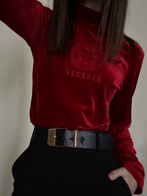 Vintage thrift find. Mock neck red velvet top. Versace turtleneck crimson velour shirt. Edgy Elegance fashion. Elevated basics. Red black and gold outfit. Cool Business casual outfit ideas. Elevated workwear. Edgy office outfits. Red Velvet Top, Black And Gold Outfit, Versace Top, Gold Outfit, Velvet Tops, Lucky Girl, Grey Women, Business Casual Outfits, Office Outfits