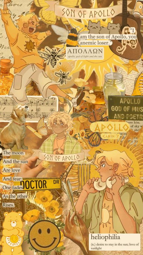 #will #willsolace #apollo #cabin7 #pjo #percyjackson #chb #camphalfblood #carebear #yellow #sun #books #aesthetic Percy Jackson Cosplay, Apollo Aesthetic, Apollo Greek, Apollo Cabin, Cabin 7, Really Cool Wallpapers, Percy Jackson Comics, Apollo And Artemis, Percy Jackson Wallpaper